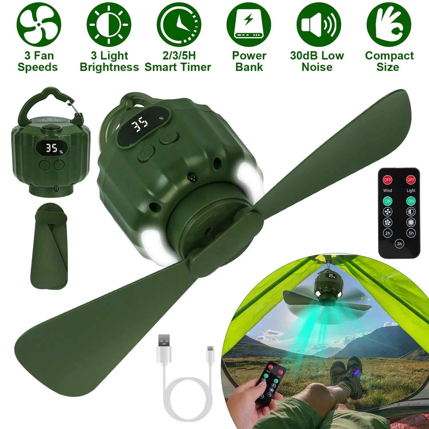 3-in-1 Camping Fan with LED Lantern